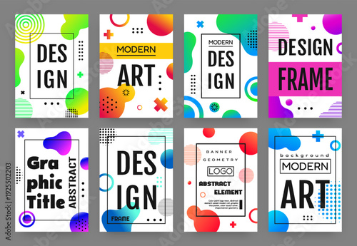 Modern poster templates set. Colorful abstract geometric covers with frames, typography for graphic design, promotional print. Minimalistic creative brochure or cover. Vector invitation illustration