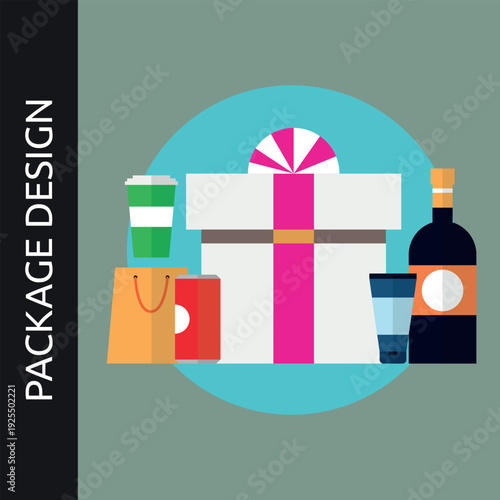 Vibrant package design concept with gifts and drinks