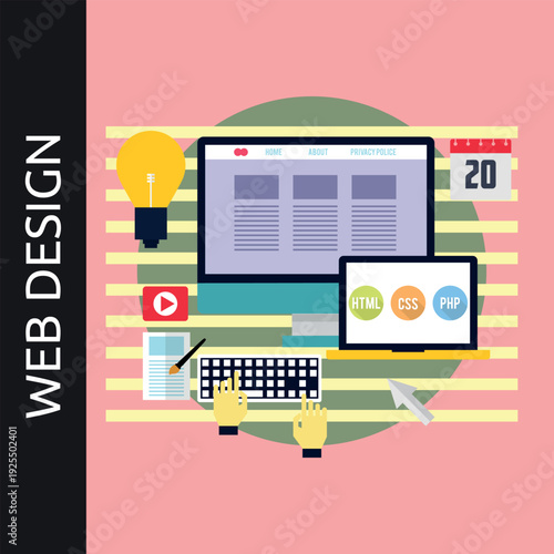 Vibrant web design workspace with modern devices and coding elements