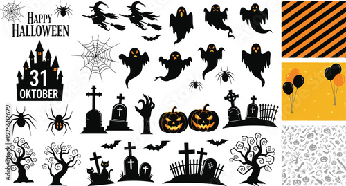 Halloween silhouette collection featuring spooky ghosts, witches, jack-o-lantern pumpkins, haunted house, gravestones, spiders, bats, creepy trees, and seamless holiday background patterns.