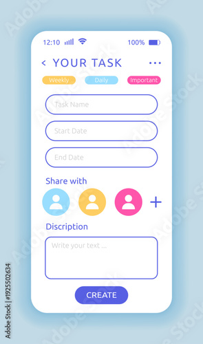Interface phone. Application UI. Schedule reminders. Digital timetable. Task and goal mobile memo notes. Agenda and deadline control. Time management. Vector smartphone app display design template