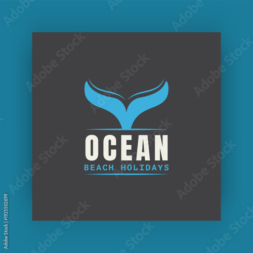 Beach vacation logo. Ocean whale tail. Cruise travel sticker. Yacht journey. Summer holiday emblem. Tourism icon. Silhouette dolphin fin. Sea voyage logotype. Adventure label vector design template