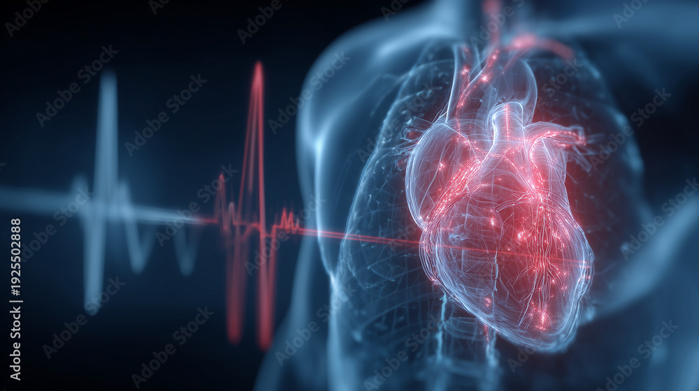 Obraz premium Poitrine humaine transparente révélant un cœur battant et artères lumineuses. Électrocardiogramme numérique, rythme et fréquence cardiaque. Concept de cardiologie