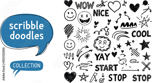 Set of hand drawn scribble doodles including hearts stars smiley faces and arrows, creative sketch elements, cad drawing flat vector illustration.
