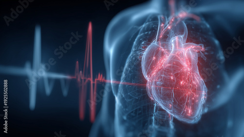 Poitrine humaine transparente révélant un cœur battant et artères lumineuses. Électrocardiogramme numérique, rythme et fréquence cardiaque. Concept de cardiologie