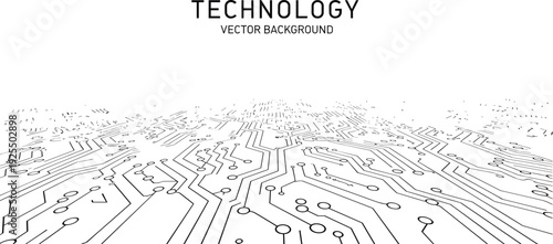 Technology background with circuit board motherboard lines, digital electronic hardware, computer chip pattern, network communication, tech grid, cad drawing flat vector illustration