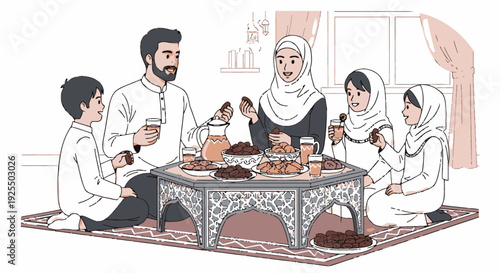 A Muslim family enjoying traditional Arabic coffee.
