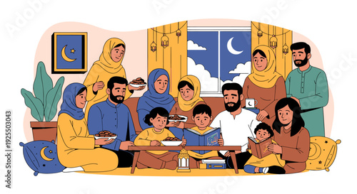 A diverse family gathers for a meal.