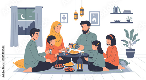 Family breaking fast together at home.