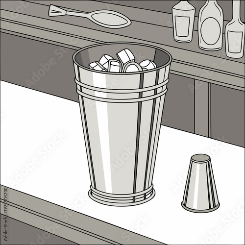 Illustration of a silver ice bucket filled with ice cubes and a cocktail shaker on a bar counter with bottles in background.