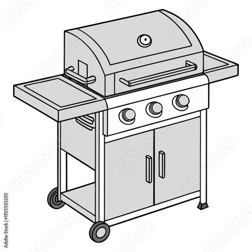 Detailed line art drawing of a propane gas grill with two side shelves, knobs, and a two-door cabinet below.