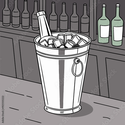 Stylish silver ice bucket filled with ice and a bottle of wine, set against a bar backdrop with assorted bottles.
