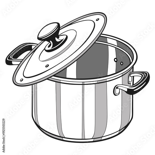 Stylized illustration of a shiny stainless steel pot with a lid ajar, showcasing its cooking capacity and elegant design.