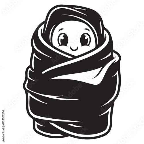 Adorable Swaddled Baby Cartoon Illustration in Black and White