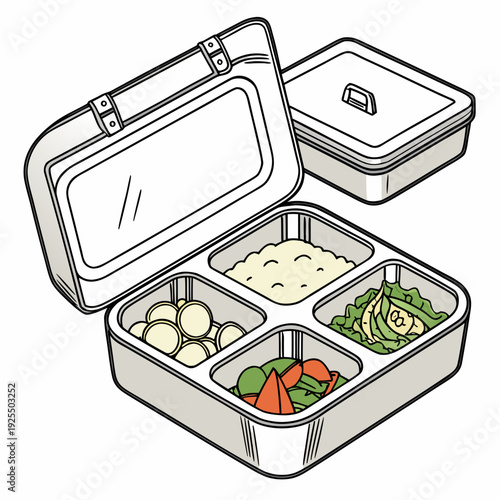 Overhead view of a stainless steel lunch box with five compartments filled with colorful food, ready for a healthy meal.