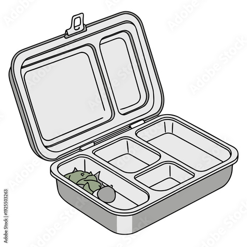Open multi-compartment lunch box with a few food items, illustration in a clean, minimalist style. Ideal for school or work meal prep concepts.