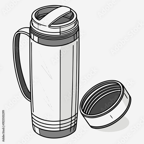 Isometric illustration of a tall vacuum flask with handle and removable lid, cutaway view revealing insulation layers. Ideal for beverage containment and thermal efficiency concepts.