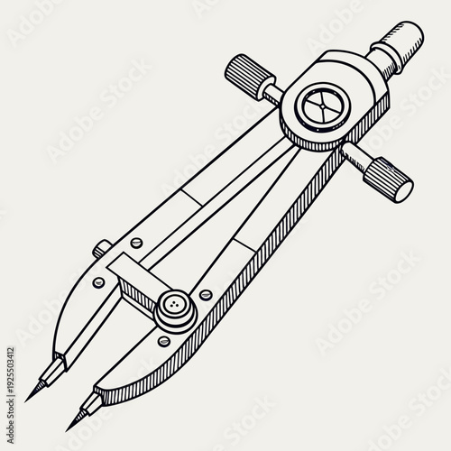 Detailed isometric drawing of a vintage-style drafting compass with pointed legs and adjustable knobs, representing geometry, architecture, design, and precision measurement.