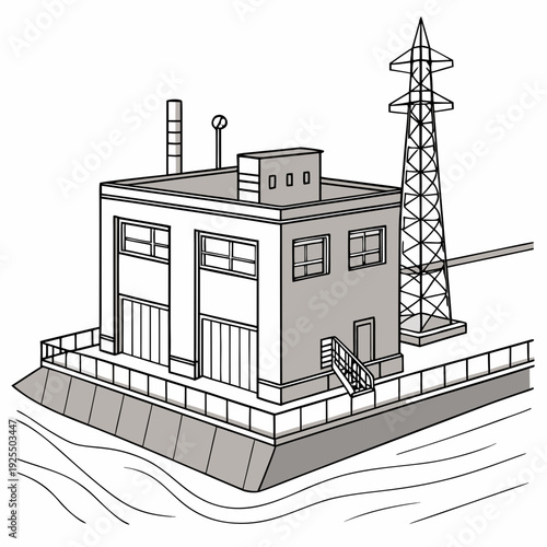 A small building with a tower next to it on the water