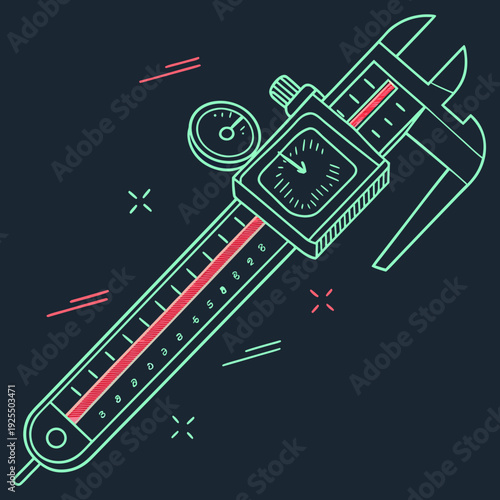 Stylized Digital Caliper Vector Illustration with Neon Accents on Dark Background for Technology Concept
