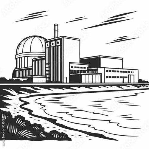 A large building with a dome on the left side of a body of water