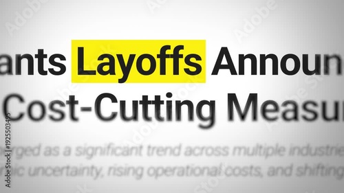 Global layoffs surge as economic challenges force industries to restructure and reduce workforce for stability, 4k text animation