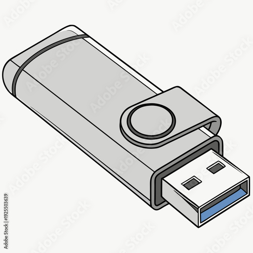 Modern Silver USB Flash Drive with Cap Detail, Isometric Line Art Illustration for Data Storage and Technology