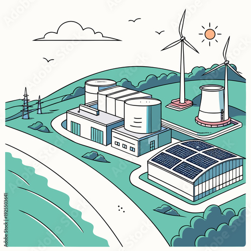 Renewable energy sources on a green hillside