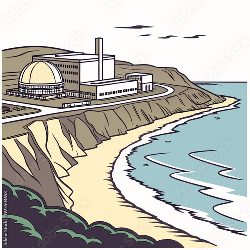 A factory on a cliff overlooking a sandy beach