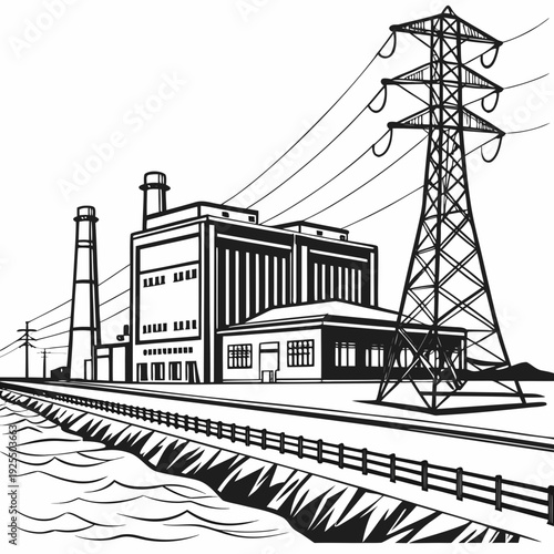 A black and white drawing of a power plant with a tower