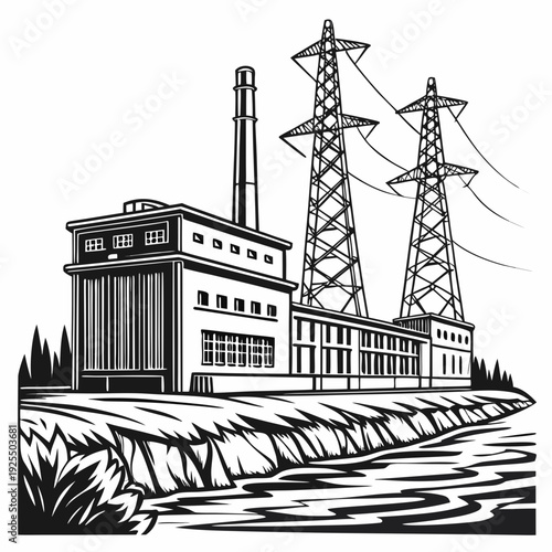 A black and white drawing of a power plant near a body of water
