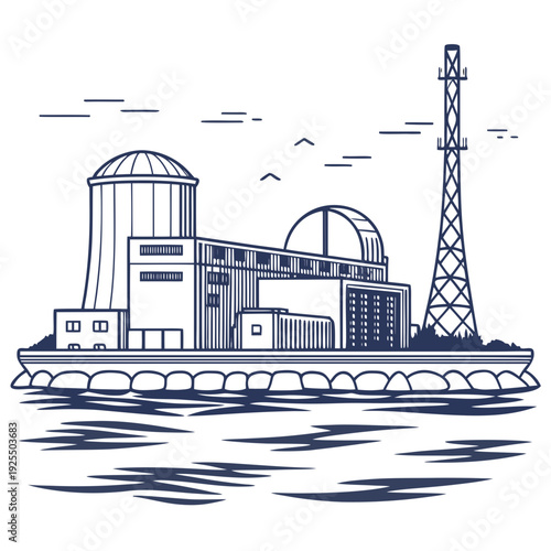 A nuclear power plant on the water with a tower