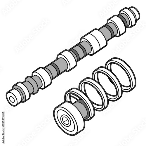 Engine camshaft with roller bearings disassembled, mechanical parts illustration for automotive or industrial use, vector
