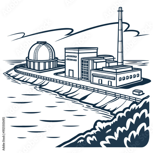 A nuclear power plant on the edge of a body of water