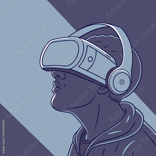 Man wearing virtual reality headset, looking up in awe, futuristic technology, immersive experience, vector illustration