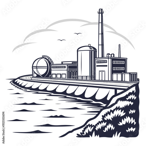 A factory is located on the edge of a body of water