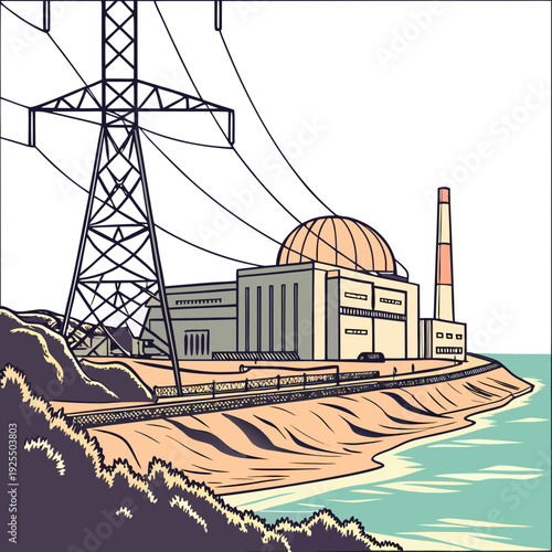 A nuclear power plant next to a large body of water