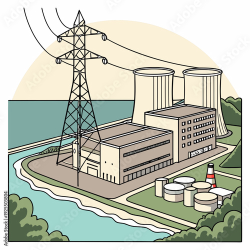 A nuclear power plant next to a body of water