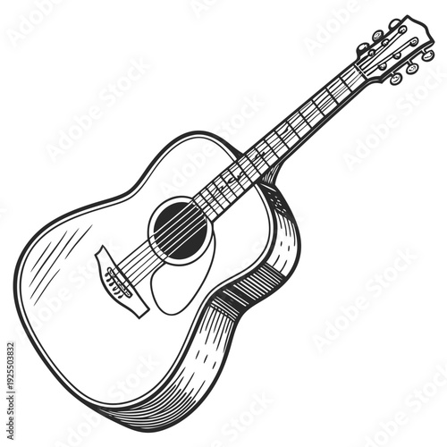 Detailed sketch illustration of an acoustic guitar with a shaded texture, rendered in black and white.