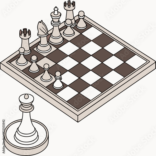Isometric chessboard setup with detailed pieces, showing a lone queen on the side.