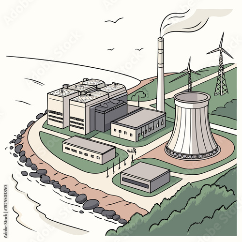 A nuclear power plant with a cooling tower and smokestack