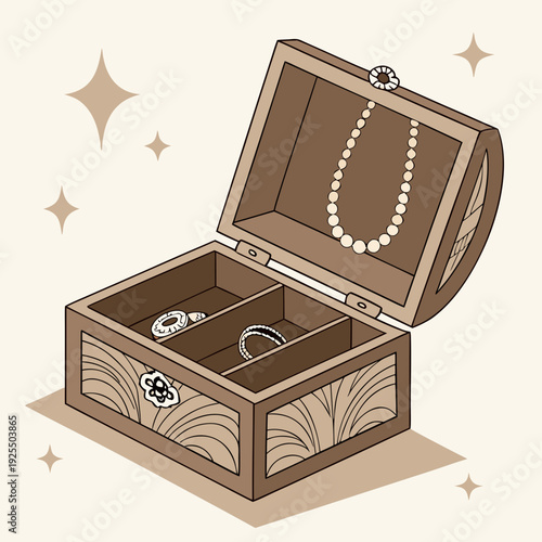 Open vintage jewelry box filled with pearls and rings, surrounded by sparkling stars on a beige background.