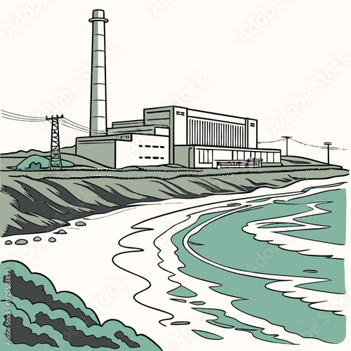 A large industrial building near a body of water