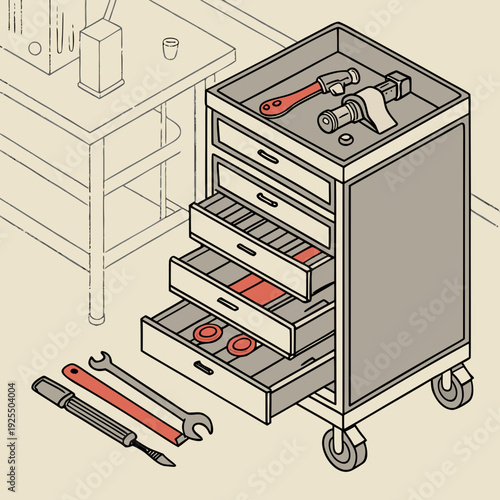 Mechanic's rolling tool cart with assorted tools and spare parts, illustrating a functional repair station.