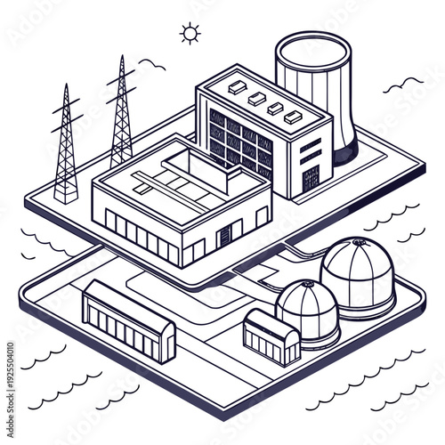 A nuclear power plant with a large building and towers