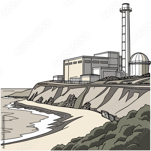A factory is built on a cliff overlooking a sandy beach