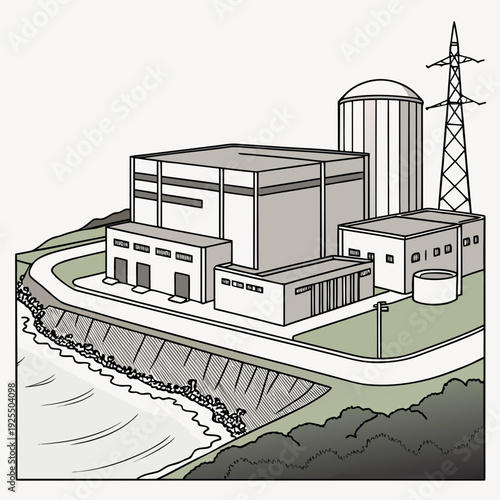 A nuclear power plant situated on a coastline