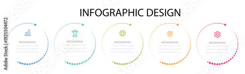 Timeline infographic with infochart. Modern presentation template with 5  spets for business process.Creative design with marketing icons. Vector illustration.  