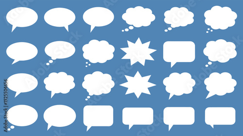 25 white speech bubbles and thought clouds vector collection. Includes oval, round, rectangular, and starburst shapes for communication design.