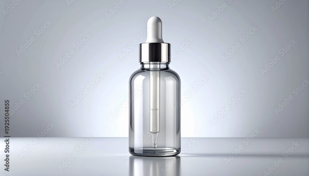 Naklejka premium Minimalist clear glass dropper bottle isolated on gray, symbolizing scientific precision, pure ingredients, and professional laboratory skincare.